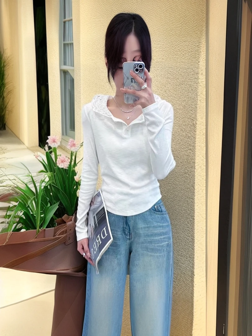 韩版休闲蕾丝花边连帽显瘦长袖T恤女2025春季新款百搭上衣2509