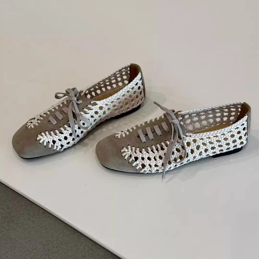 羊皮版~2025新款设计感时尚镂空编织夏季平底单鞋女舒适百搭系带