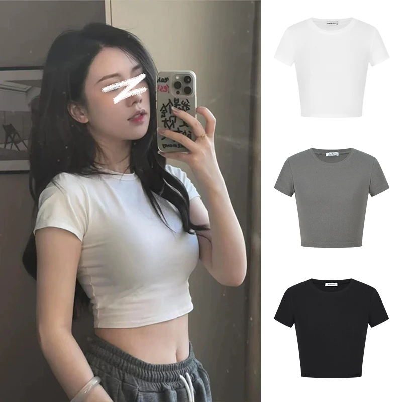 Moses Queen/魔西女王美式辣妹白色正肩短袖t恤修身露脐短款上衣