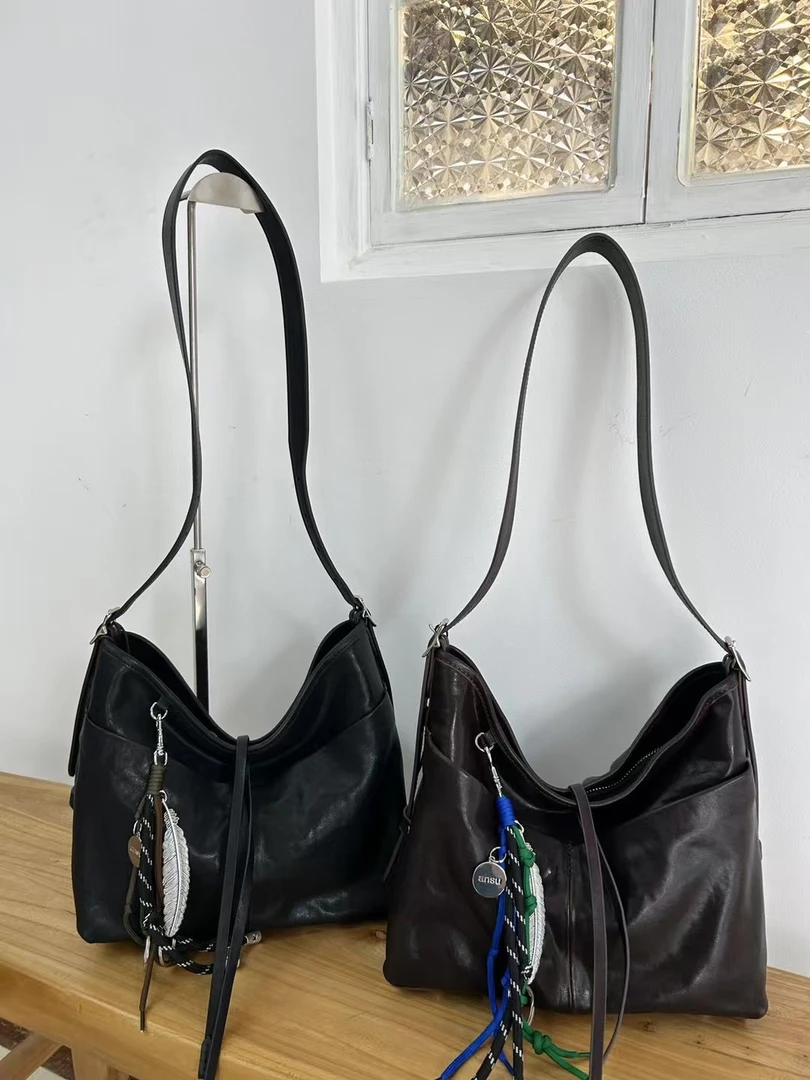 馨馨家 （知己）头层牛皮水晶植鞣法式多口袋简约百搭腋下斜挎女包