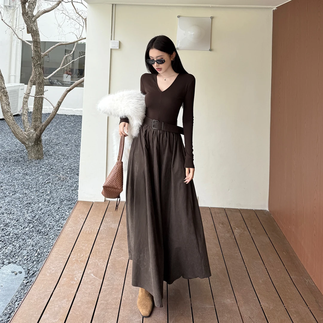 法式复古V领带皮带连衣裙秋冬气质打底裙高腰显瘦高级感A字长裙