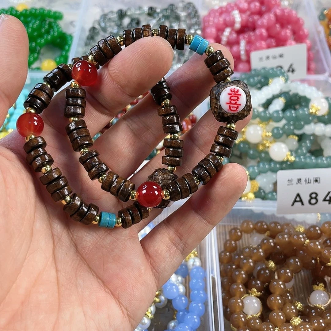 檀香木手串银S925镀金镶嵌