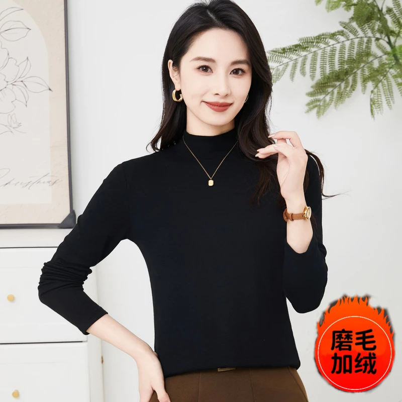 秋冬加厚磨毛绒螺纹半高领打底衫女内搭洋气百搭休闲长袖上衣377