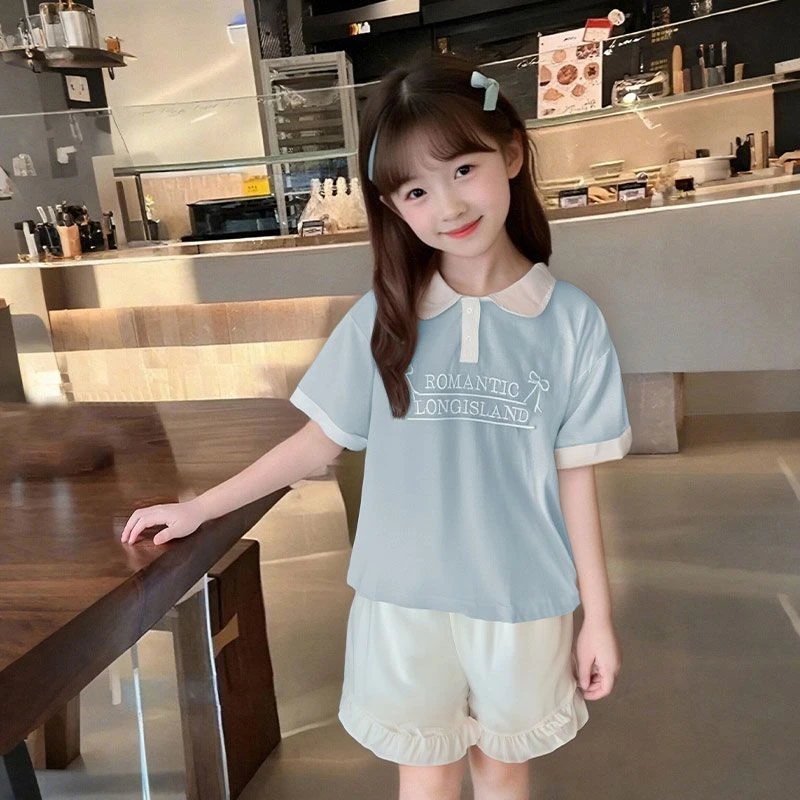 女童短袖女大童夏季2025新款POLO领韩版小清新印花拼接短袖POLO衫