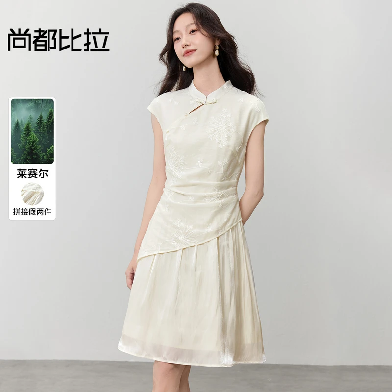 尚都比拉【莱赛尔】通勤国风连肩包袖拼接假两件短款连衣裙I3064