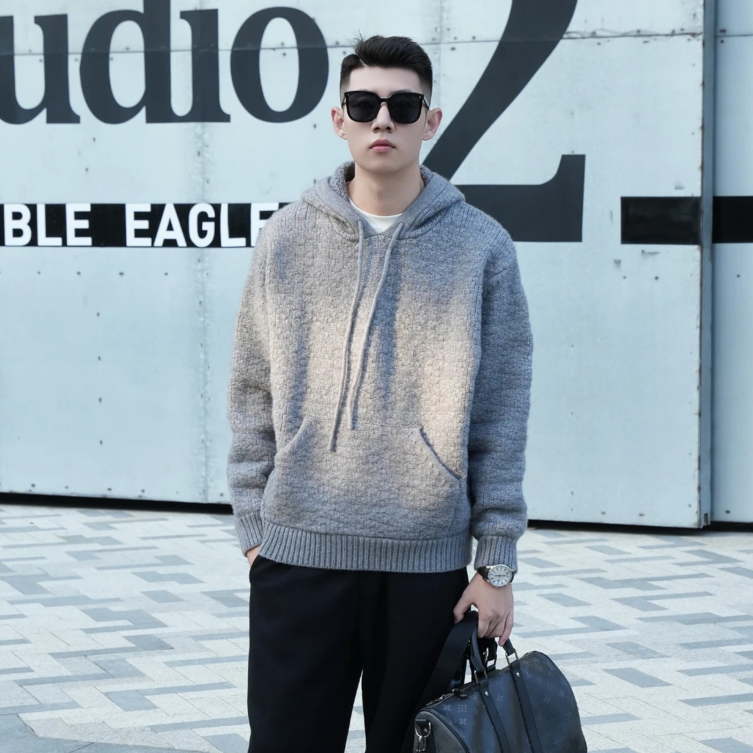 YEZHE新品秋冬老钱风纯色百搭休闲简约儒雅新品老钱风针织帽衫