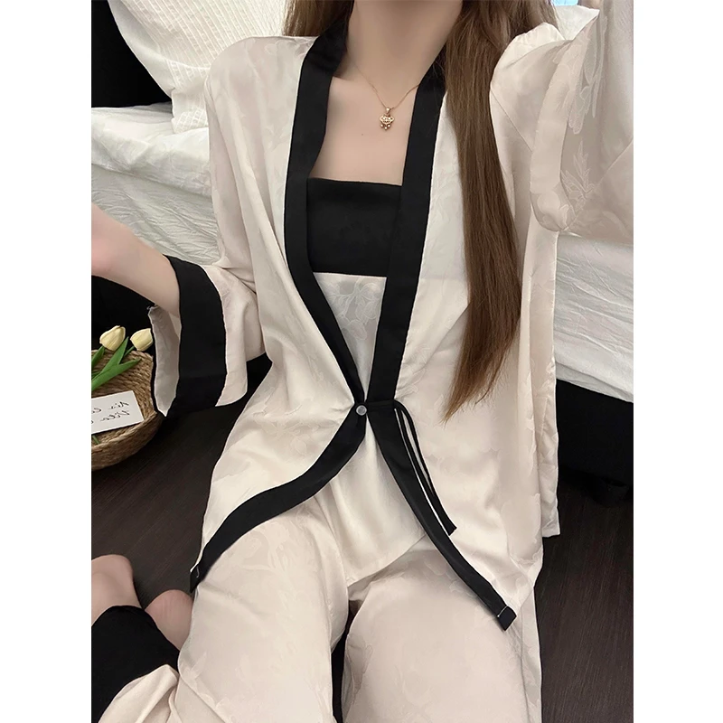 法式轻奢性感拼色冰丝睡衣女秋季吊带外披长裤可外穿家居服三件套