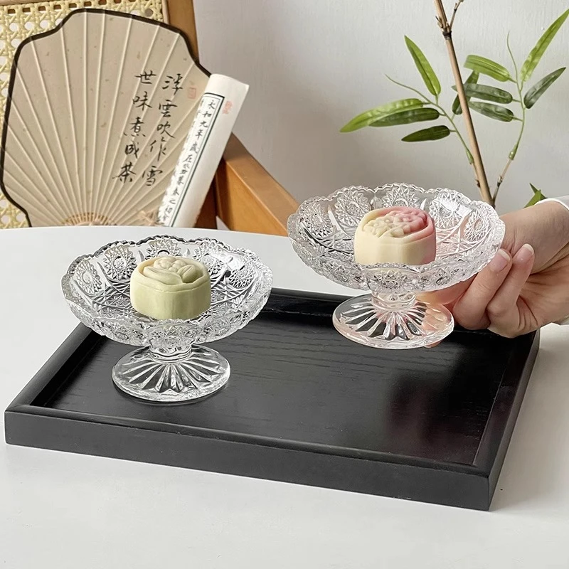新中式设计感水果盘点心干果碟水晶玻璃高脚小茶碟甜品零食糖果盘