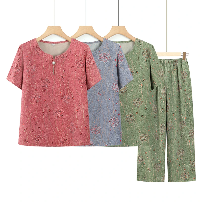 奶奶装夏季套装清凉睡衣中老年妈妈衣服女新款