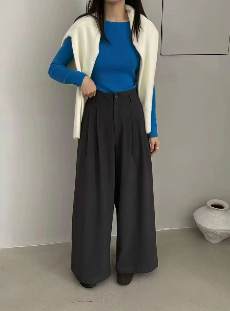 U粒 韩系秋季简约百搭压褶显瘦毛呢休闲裤女宽松直筒阔腿长裤子