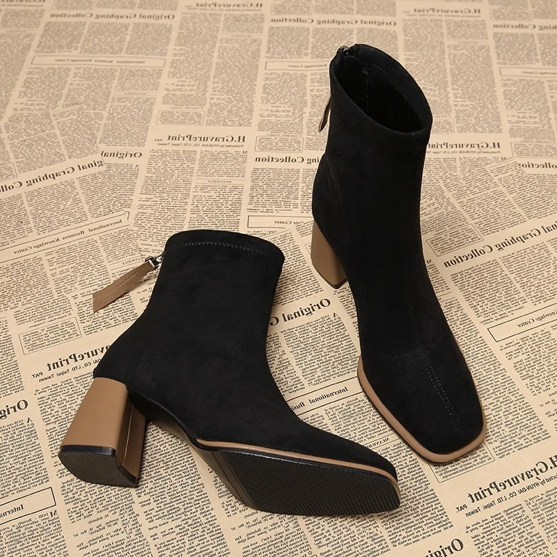 真皮绝美粗跟秋冬高跟小短靴女2025秋小个子法式复古瘦瘦