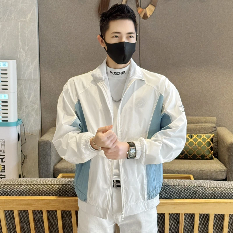 春季时尚潮牌拼色夹克男士个性拼接简约百搭刺绣立领痞帅休闲外套