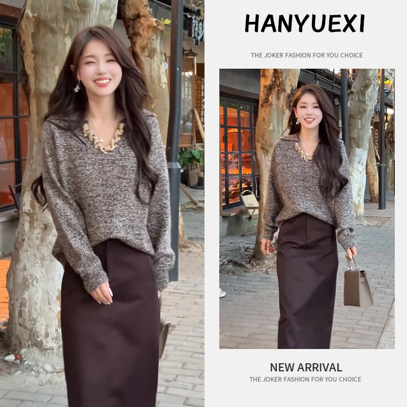 秋季超火搭配一整套女装2025新款V领针织衫毛衣气质半身裙两件套