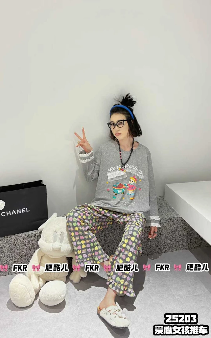 【爱心女孩推车】休闲长裤家居服套装秋季圆领长袖印花睡衣25203