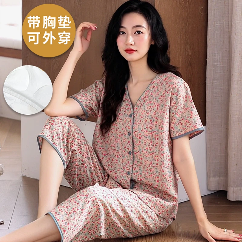 带胸垫睡衣女夏季2025新款网红爆款外穿透气短袖七分裤家居服套装