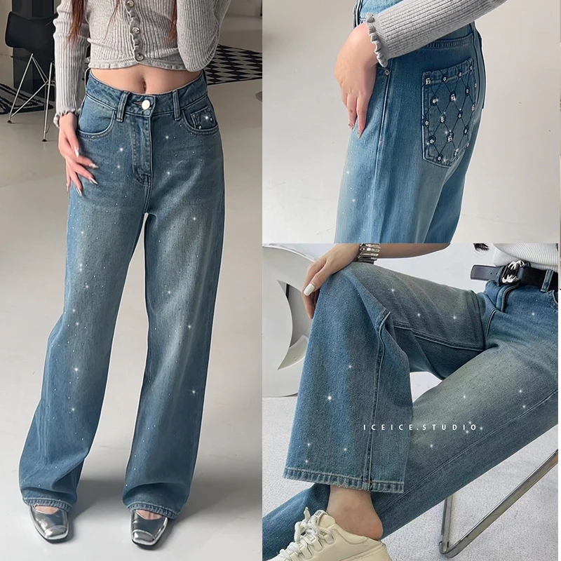 原创设计欧洲站2025年春后兜水钻字母满天星水钻闪闪亮直筒牛仔裤