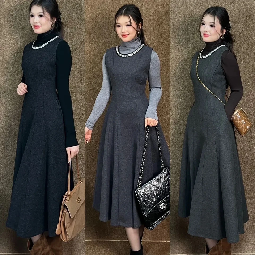 Rayhon秋季新款法式复古圆领修身无袖气质显瘦百搭中长连衣裙女