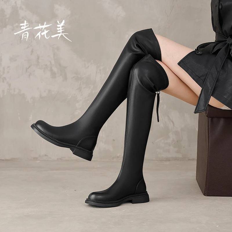 靴子长筒靴女修饰腿型2025秋冬新款黑色加绒过膝弹力长靴平底舒适
