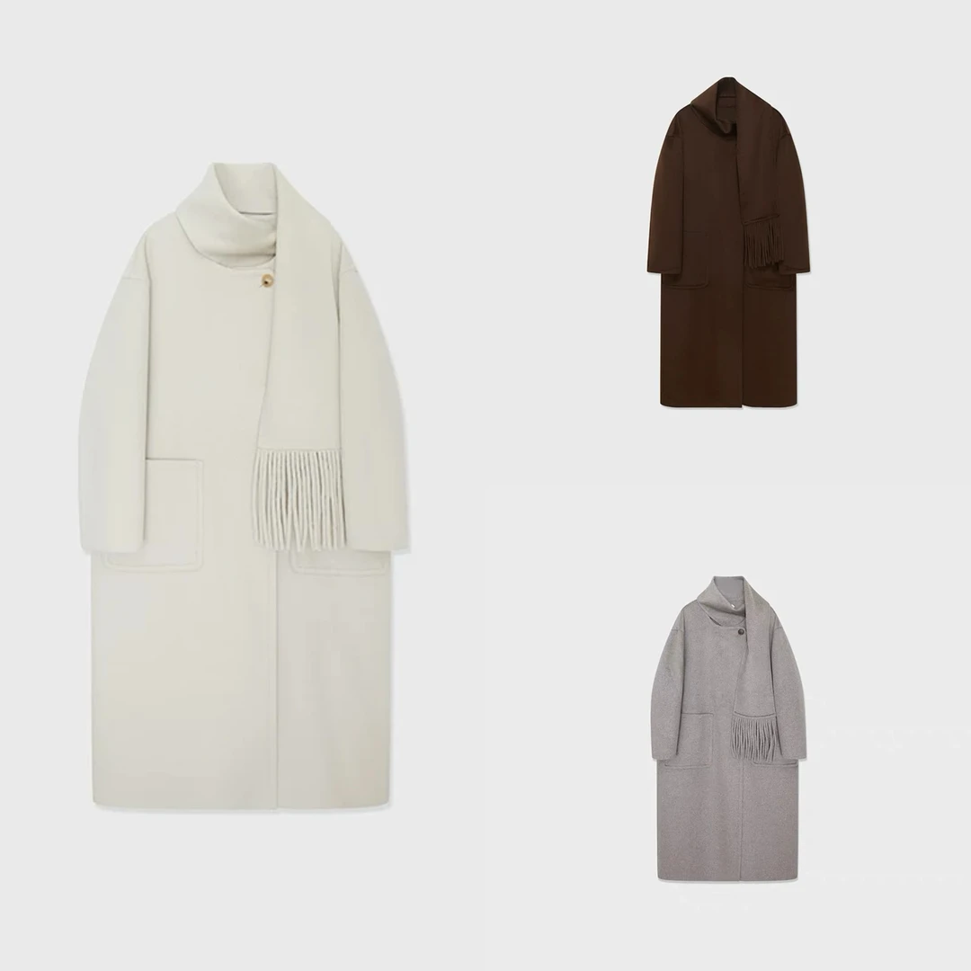 正品实数 现货 25秋冬围巾新款双面羊绒长款休闲毛呢大衣外套