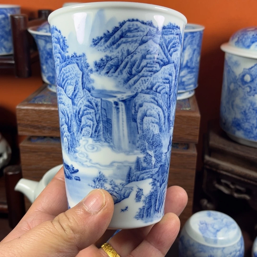 微微瑕青花山水可乐杯