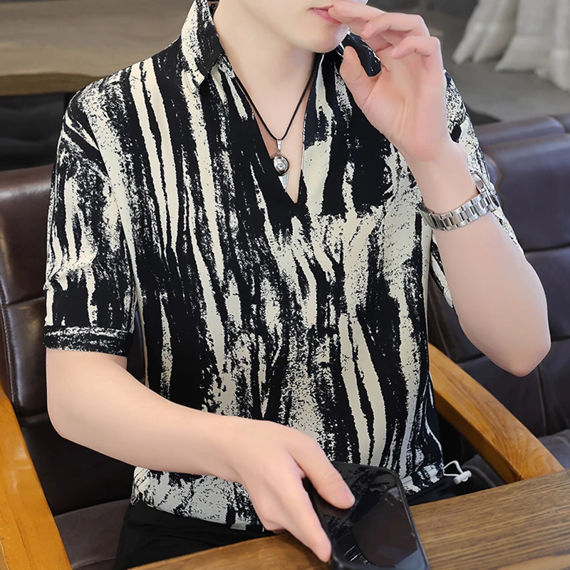 亲子修身型夏季国潮扎染男士T恤修身时尚七分袖衬衫