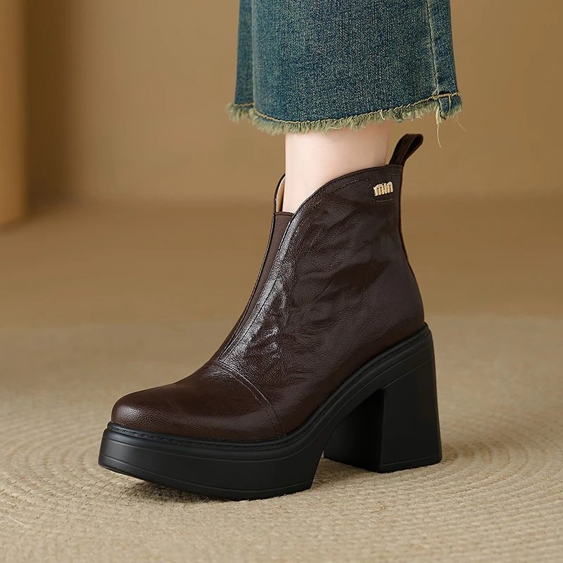 9.5cm厚底马丁靴女真皮粗跟显瘦V口西部靴2025新款秋冬季高跟短靴