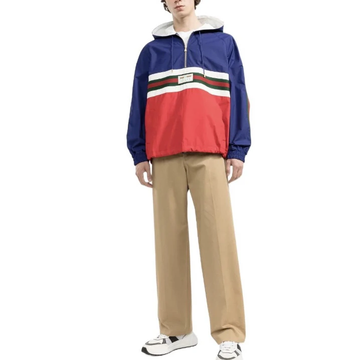 99新 GUCCI/古驰 5607/GUCCI 蓝色条纹织带连帽冲锋衣外套/44码