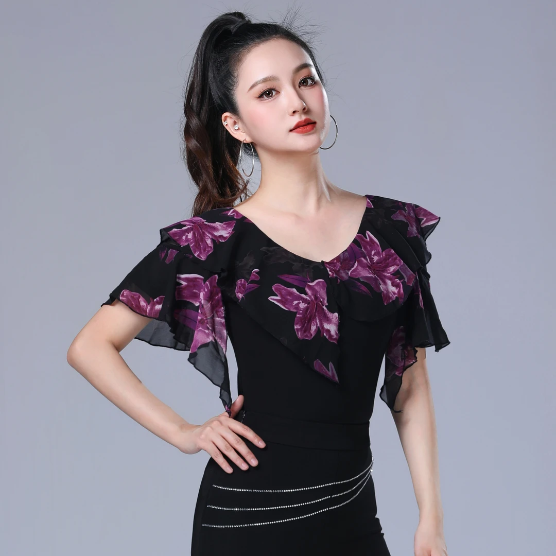 水晶麻新款拉丁舞上衣时尚印花中袖女士成人跳舞摩登舞飘逸练功服