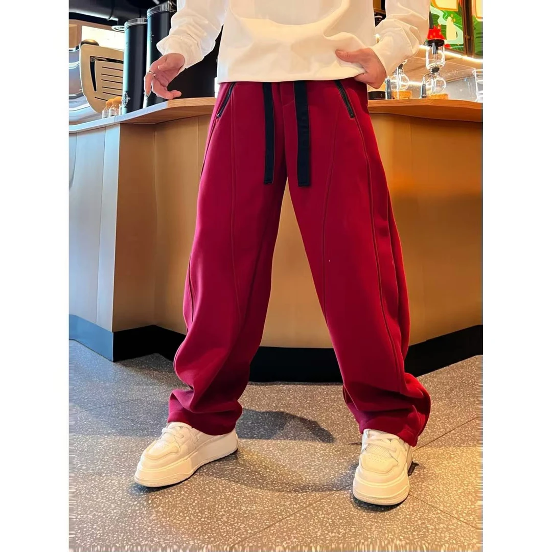 冬季新款潮流纯色百搭口袋拉链撞色抽绳直筒加绒休闲宽松男直筒裤