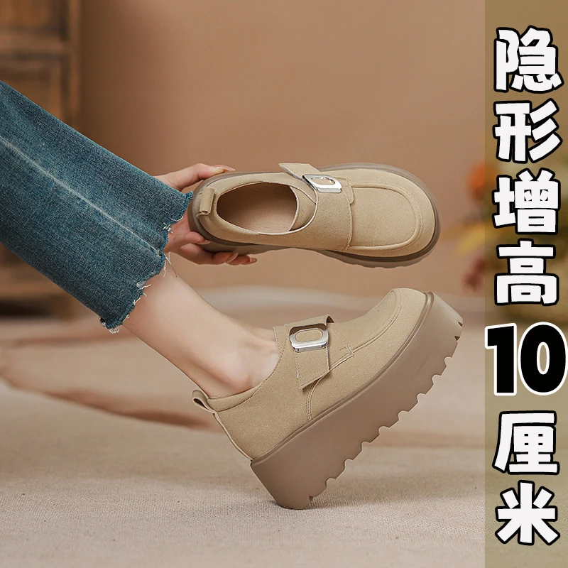 小个子内增高全包勃肯鞋女2025新款休闲厚底乐福鞋魔术贴大头单鞋