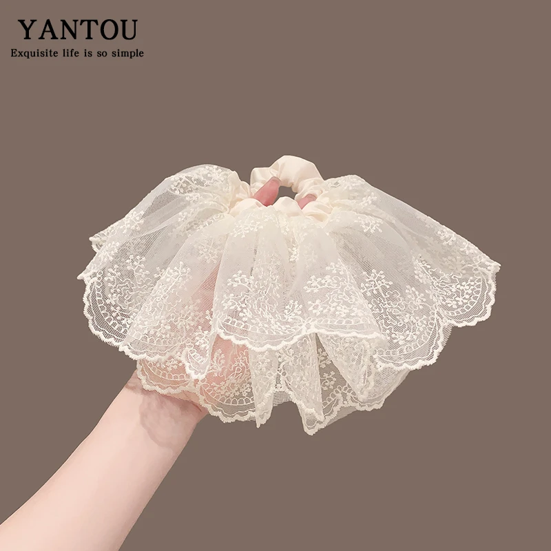 法式米色蕾丝双层裙摆大肠发圈女气质扎马尾头花高级感丸子头发绳