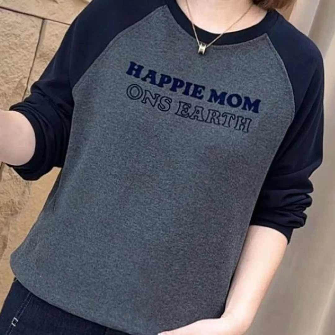 时尚拼接抽绳保暖卫衣女新款宽松显瘦拼色休闲百搭长袖T恤