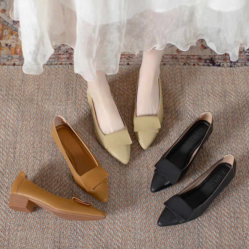 真皮浅口中跟单鞋女2025春季新款时尚百搭奶奶鞋气质软底粗跟女鞋