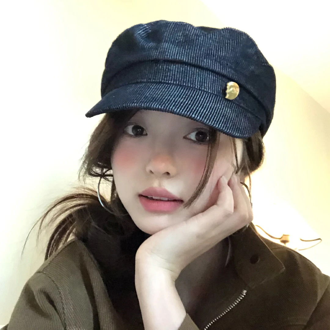 报童帽女日系复古平顶贝雷帽秋条纹鸭舌帽子