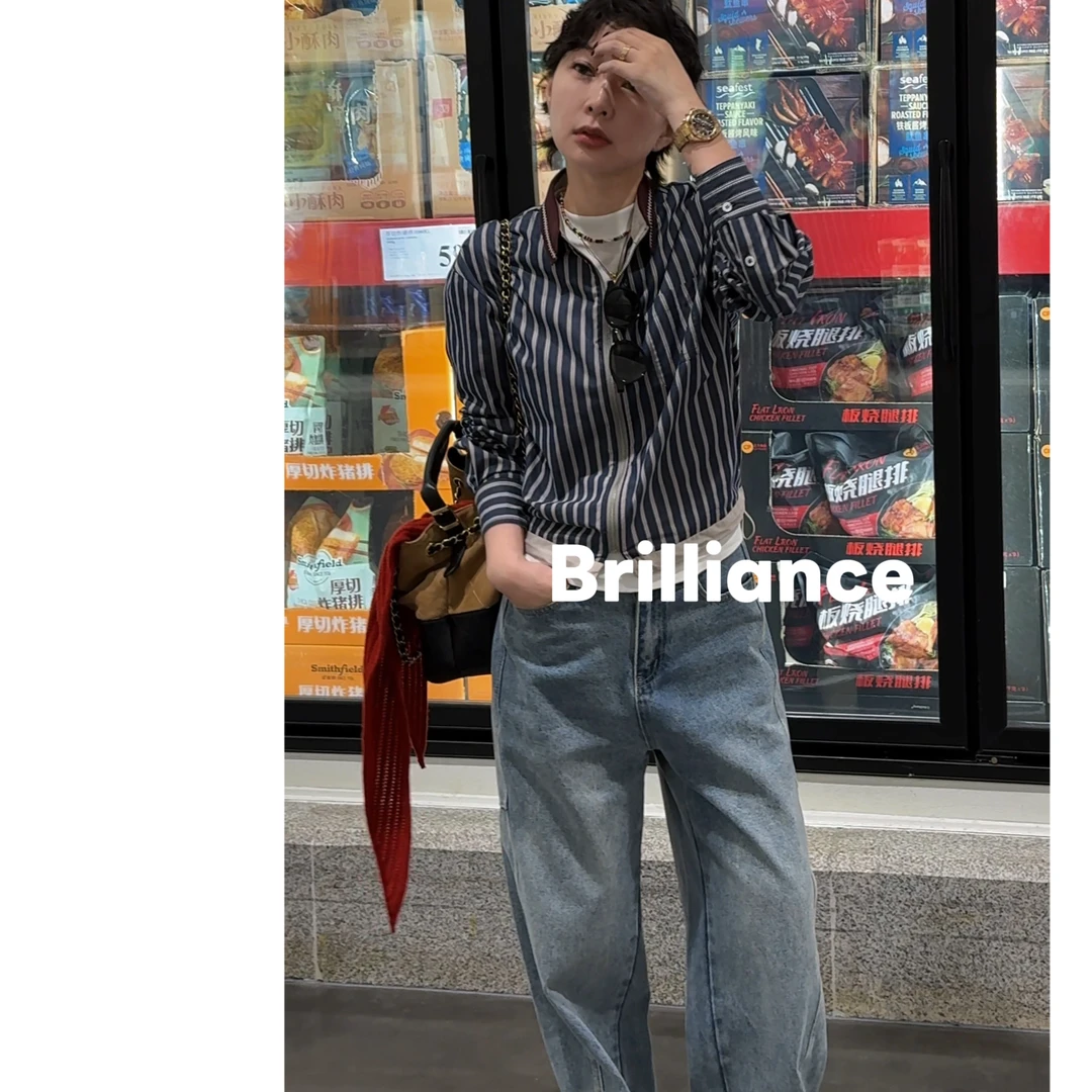 BRC【蓝纹撞色衫】条纹时尚拼色高密不皱外套（专属）