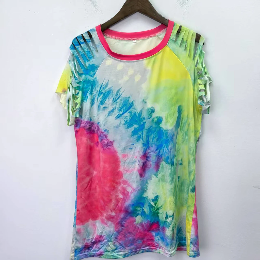 L8 袖子破洞彩色扎染弹力速干短袖（断码清仓）