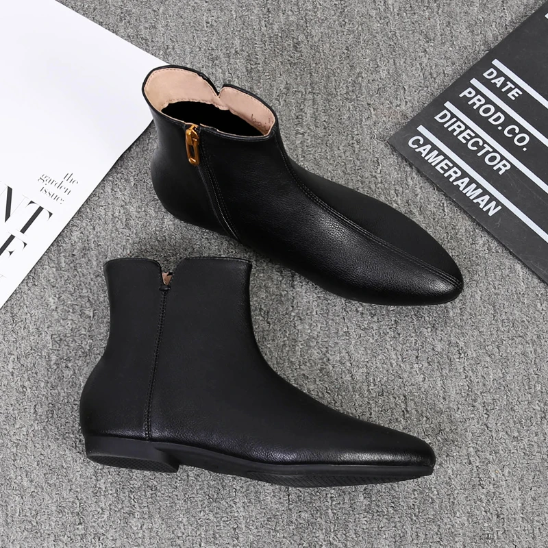 断码清仓羊皮鞋复古简约加绒靴子女秋冬新款英伦尖头防滑真皮短靴