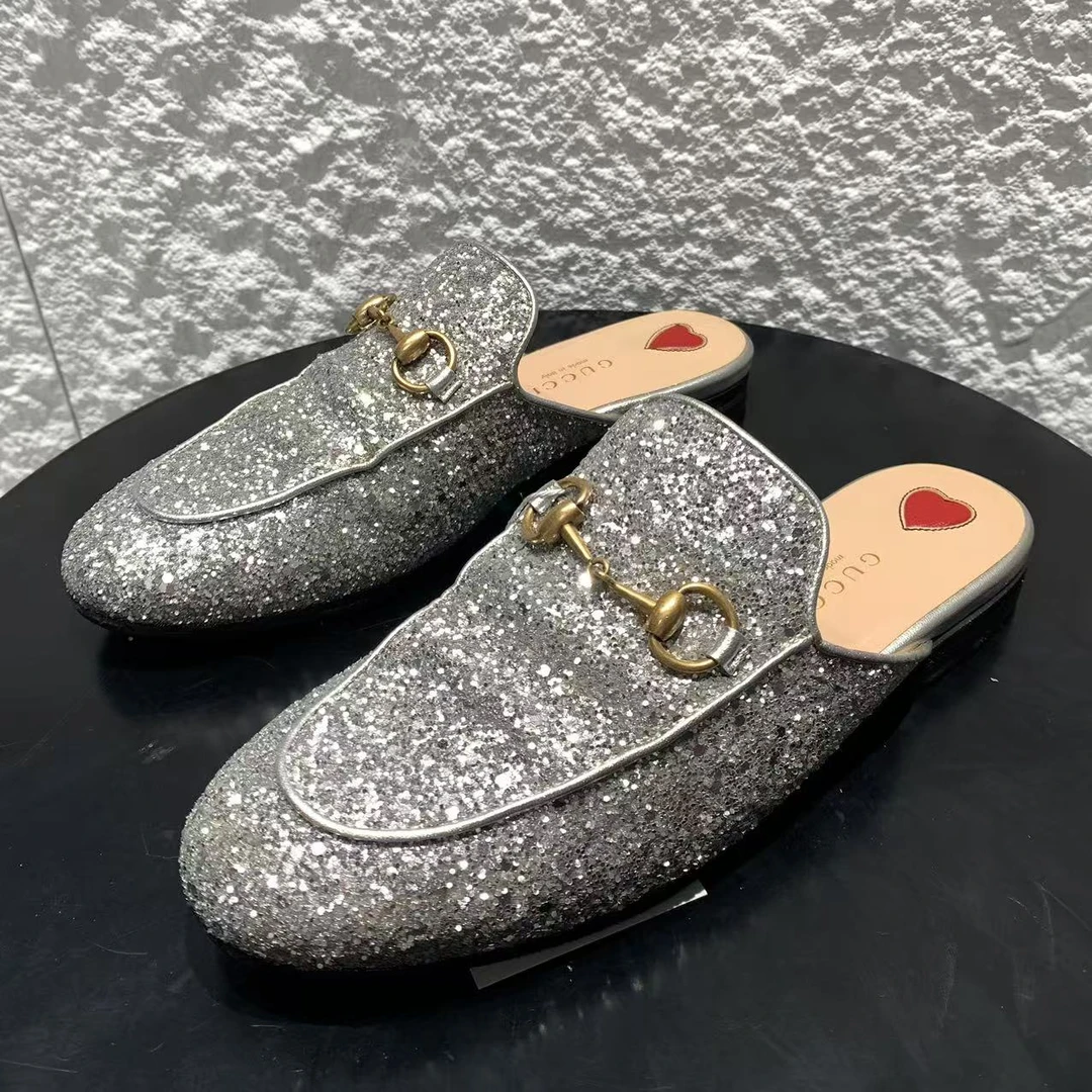 99新 GUCCI/古驰 36码/无配件/仔仔女鞋/银色亮片包头半拖 wsp228