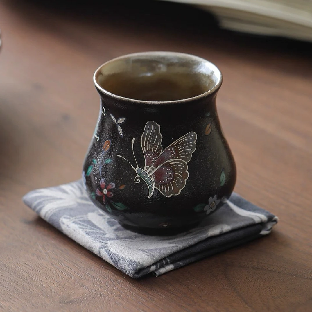 柴烧刻花黑釉描银蝴蝶陶瓷创意茶杯功夫茶具品茗杯家用束口单杯