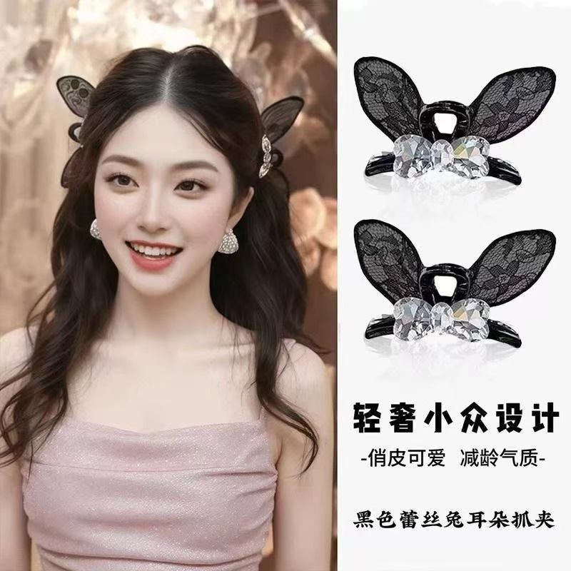 黑色精灵兔耳朵AB面6厘米抓夹2025年新款刘海夹侧边夹抓夹