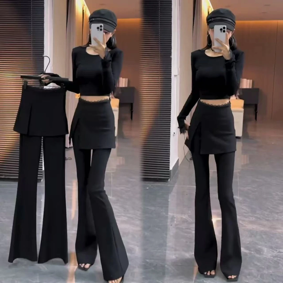 503蕾丝西装喇叭拖地裤假两件裙裤2025新显高显瘦弹力紧身喇叭裤