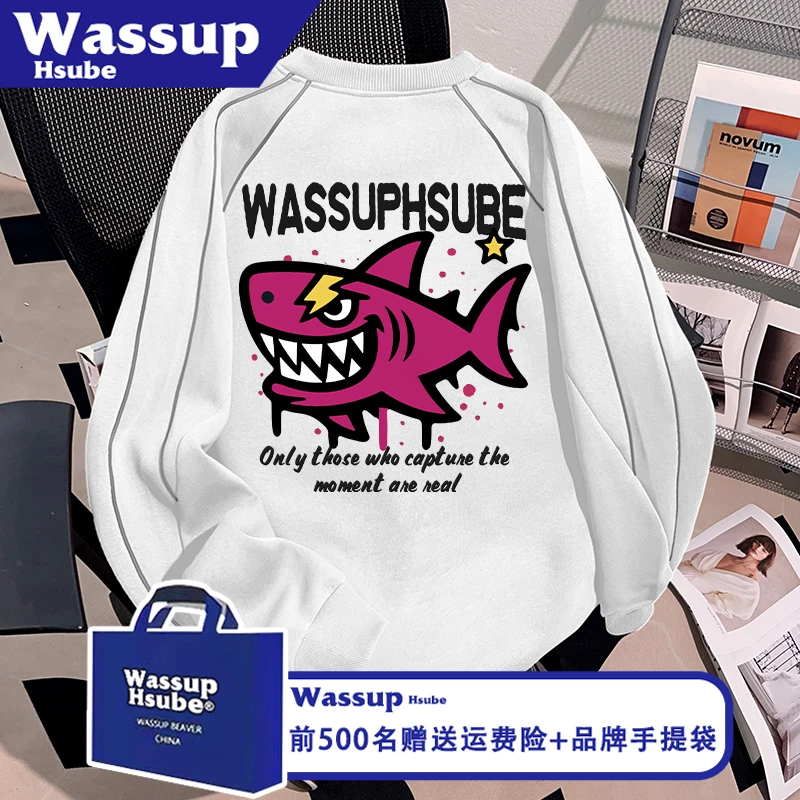 WASSUP HSUBE秋冬季慵懒感圆领卫衣卡通鲨鱼印花男女同款白色上衣