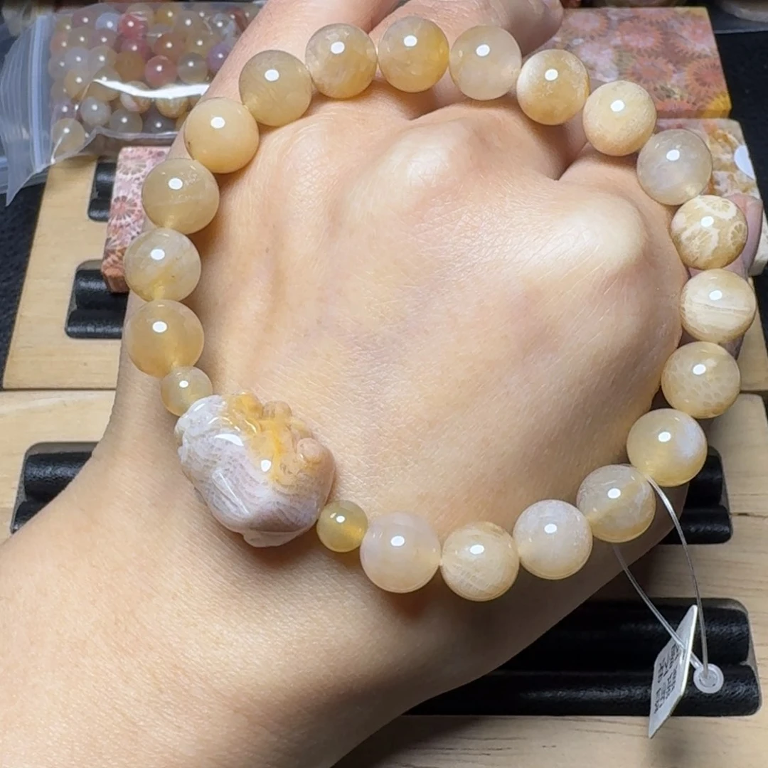 硅化玉浅糖手串，黄粉凤尾貔貅未镶嵌