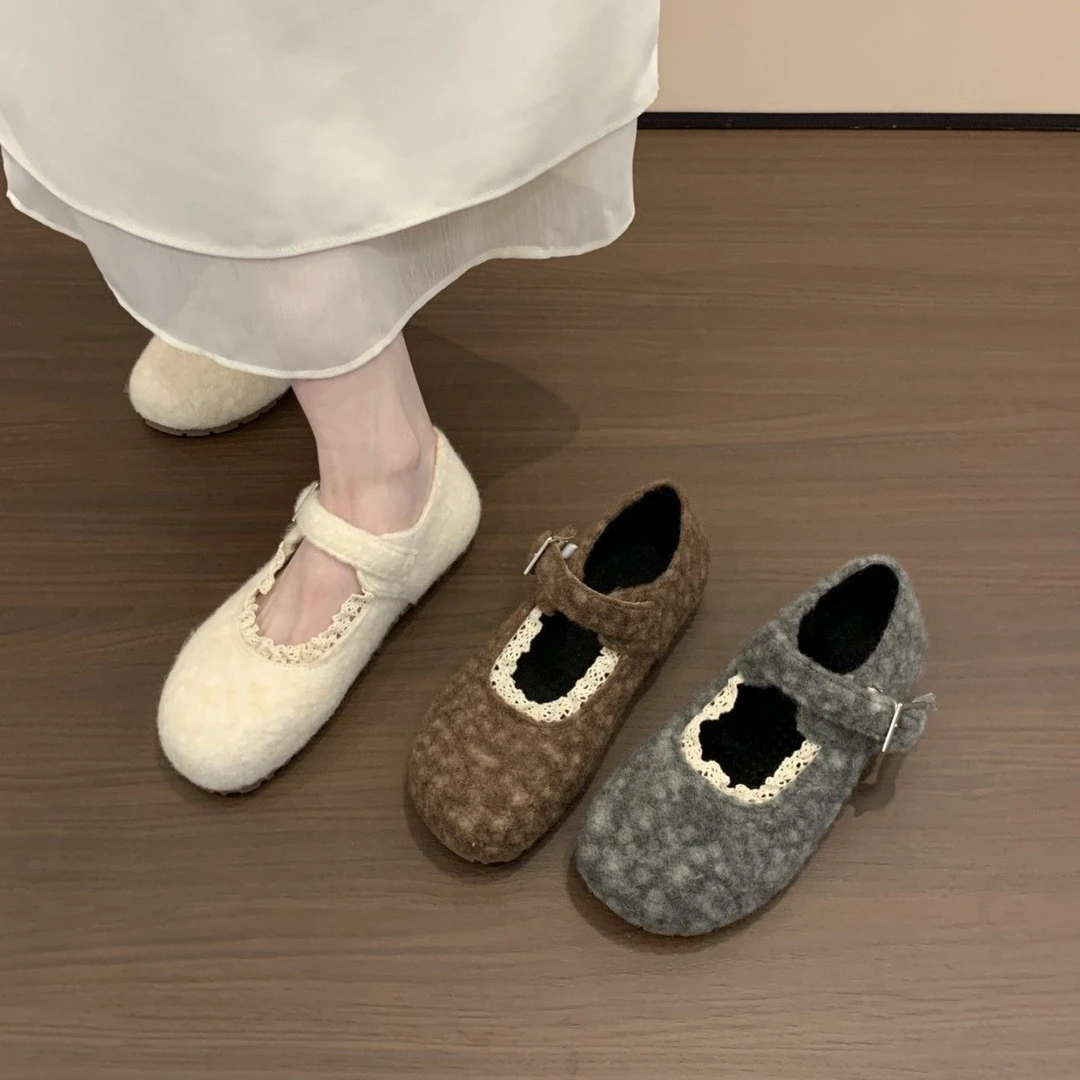 灰色蕾丝毛毛玛丽珍鞋女秋冬季新款呢子平软底加绒棉鞋勃肯单鞋