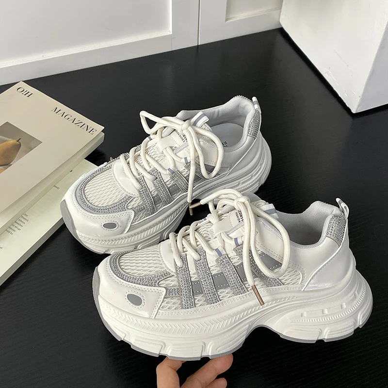网面厚底老爹鞋女2025春秋新款增高透气时尚小白鞋百搭运动休闲鞋