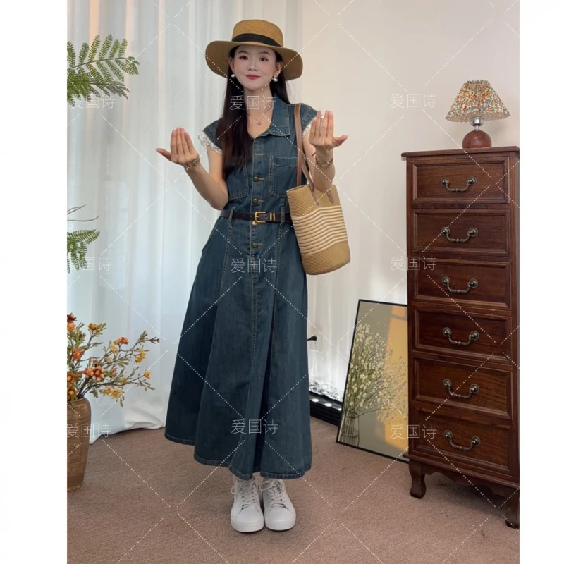 2025新款夏季裙子小众高级复古牛仔连衣裙女收腰裙子无袖929#