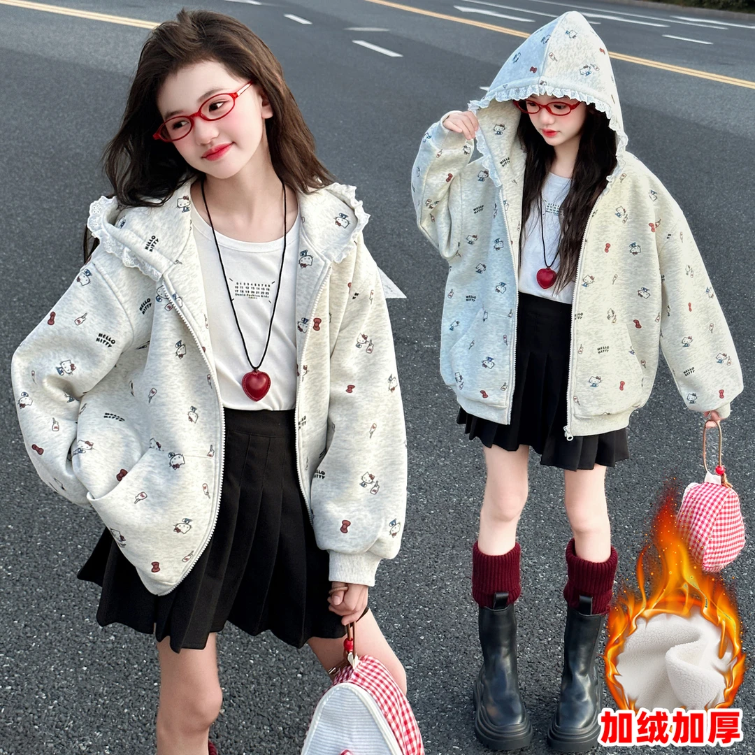 女童加绒外套秋冬装2025新款洋气中大儿童连帽上衣女孩卫衣加厚潮