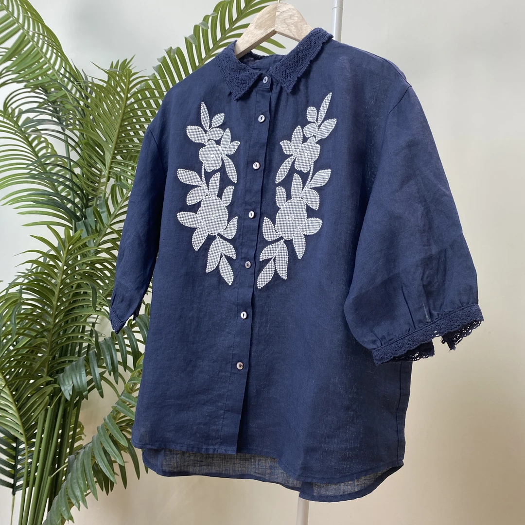 【七分袖立领刺绣亚麻衬衫】2896