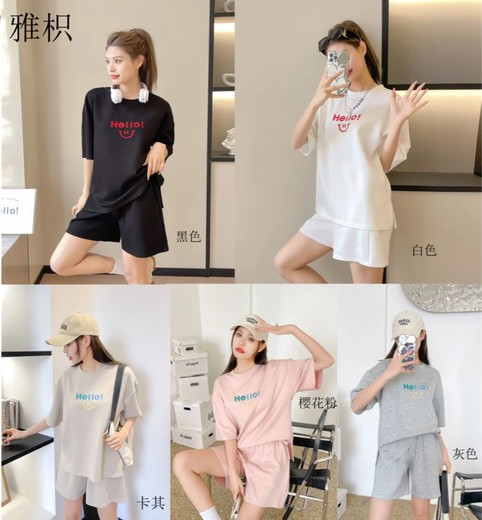 2025情侣款夏季多巴胺穿搭笑脸短袖短裤女装2件套休闲运动套装