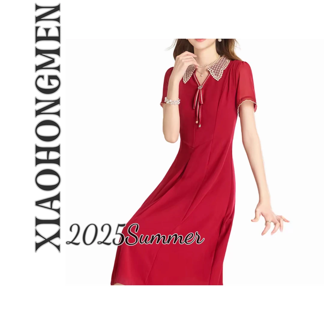 A232【时尚优雅】2025夏季款蕾丝翻领修身显瘦短袖连衣裙女中长裙